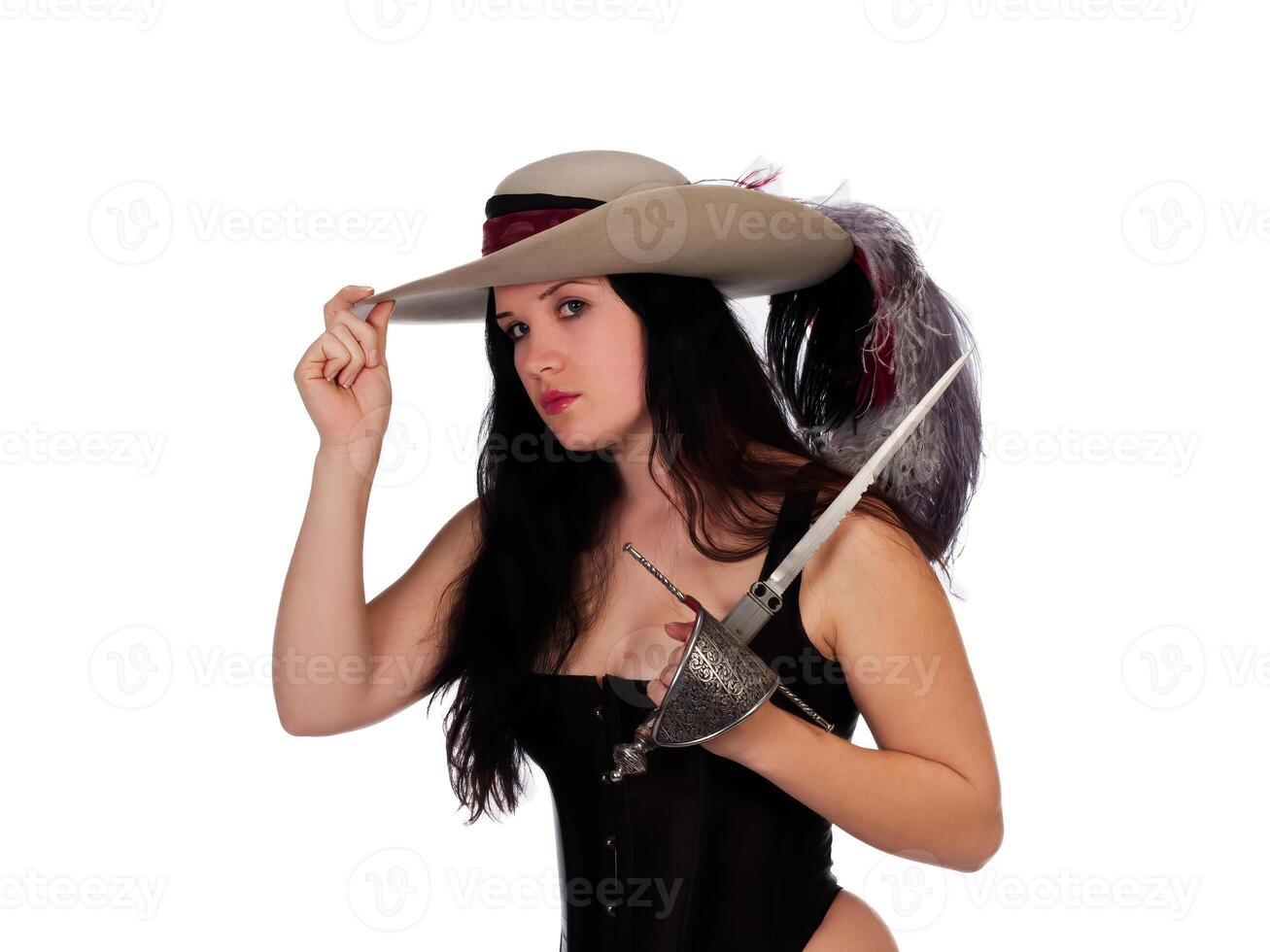 Caucasian Woman In Black Corset With Dagger And Feathered Hat photo