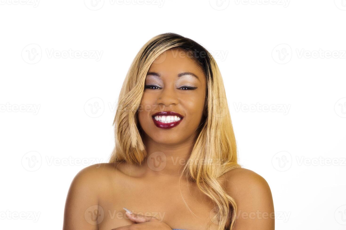 Smiling Bare Shoulder Portrait Young Black Woman photo