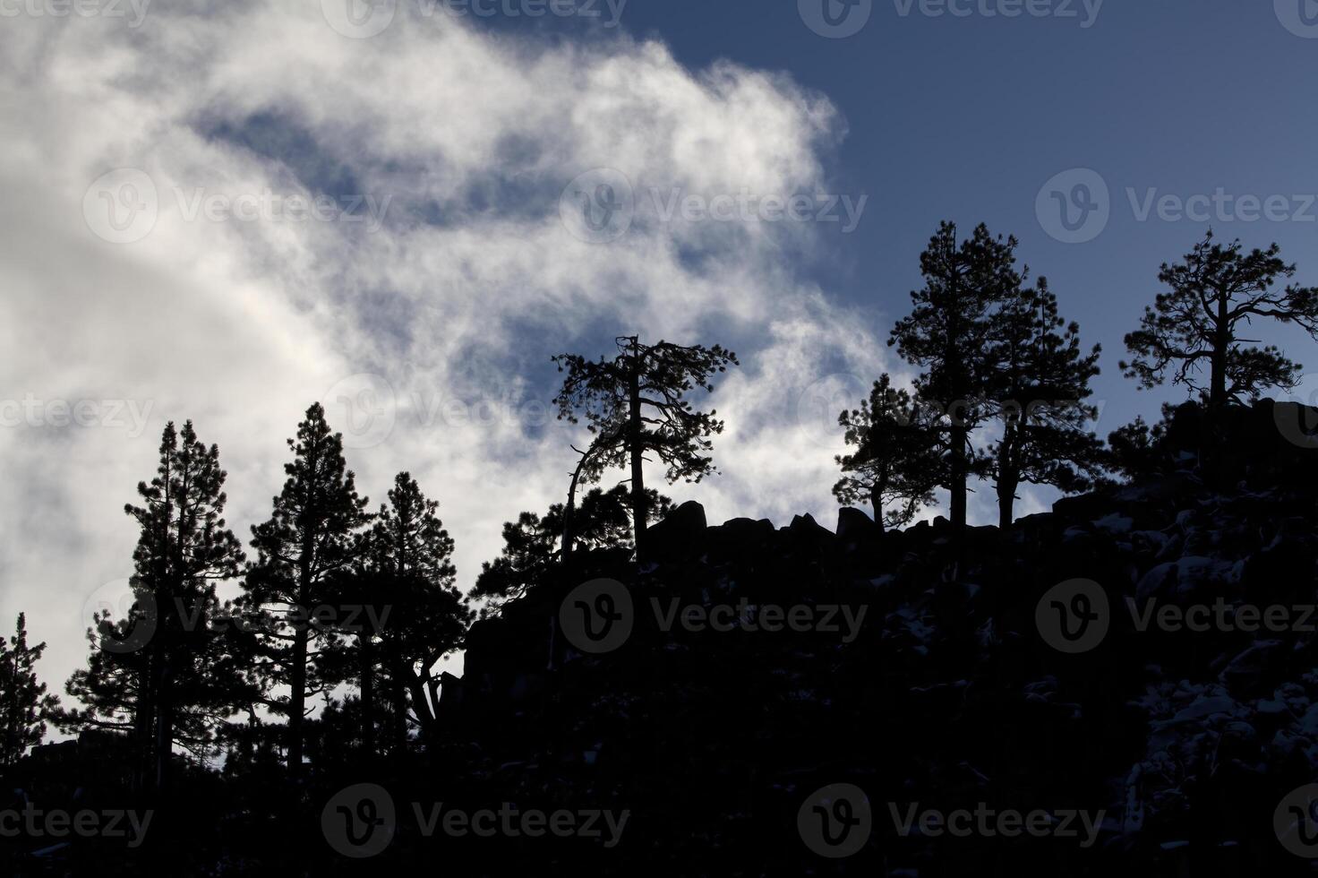 Silhouette Of Pine Trees On Mountain Against Blue Sky Clouds photo