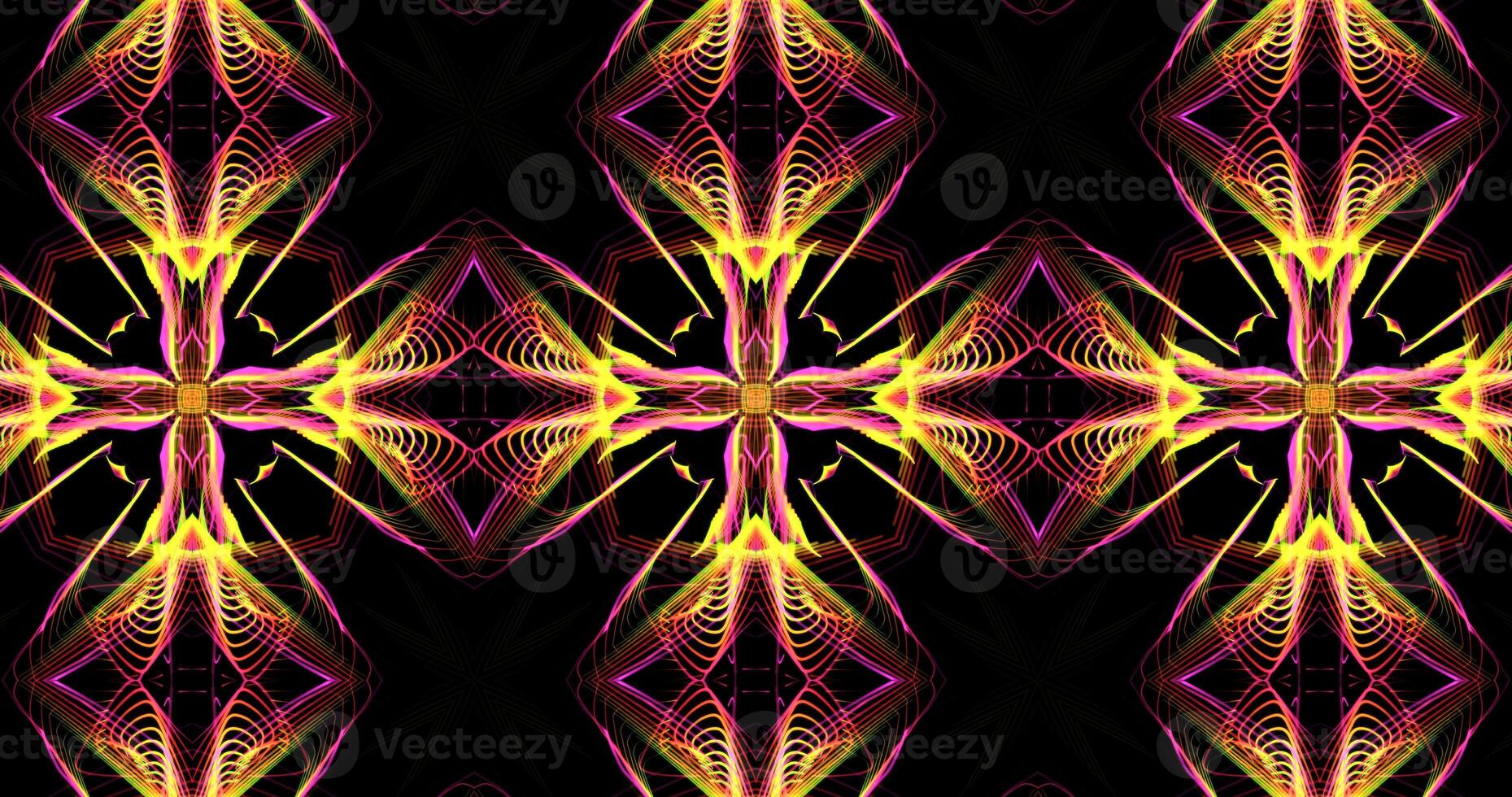 Abstract Kaleidoscope Patterns On Dark Background In Purple Orange Yellow Lines photo