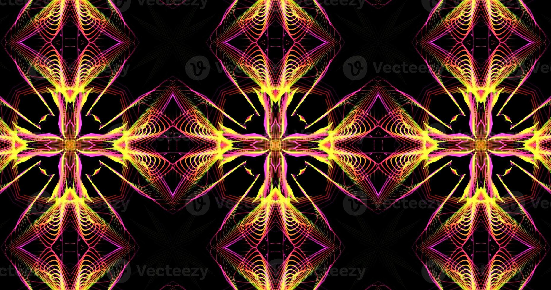 Abstract Kaleidoscope Patterns On Dark Background In Purple Orange Yellow Lines photo