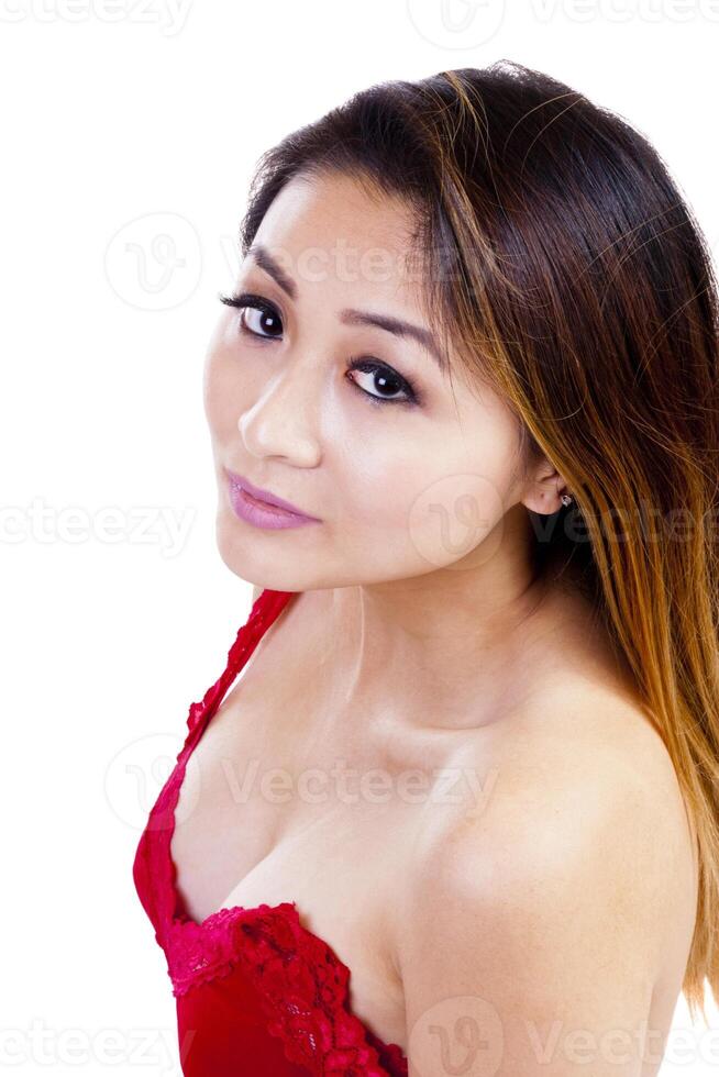 Asian American Woman Red Top Showing Cleavage photo