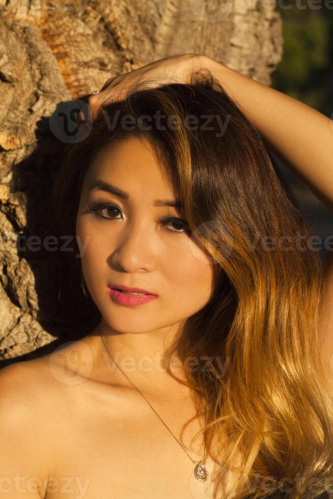 Asian American Woman Outdoors Portrait Bare Shoulders photo