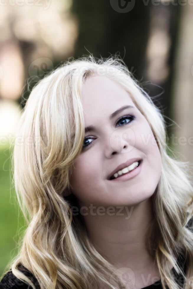 Outdoor Portrait Attractive Young Blond Woman Caucasian photo