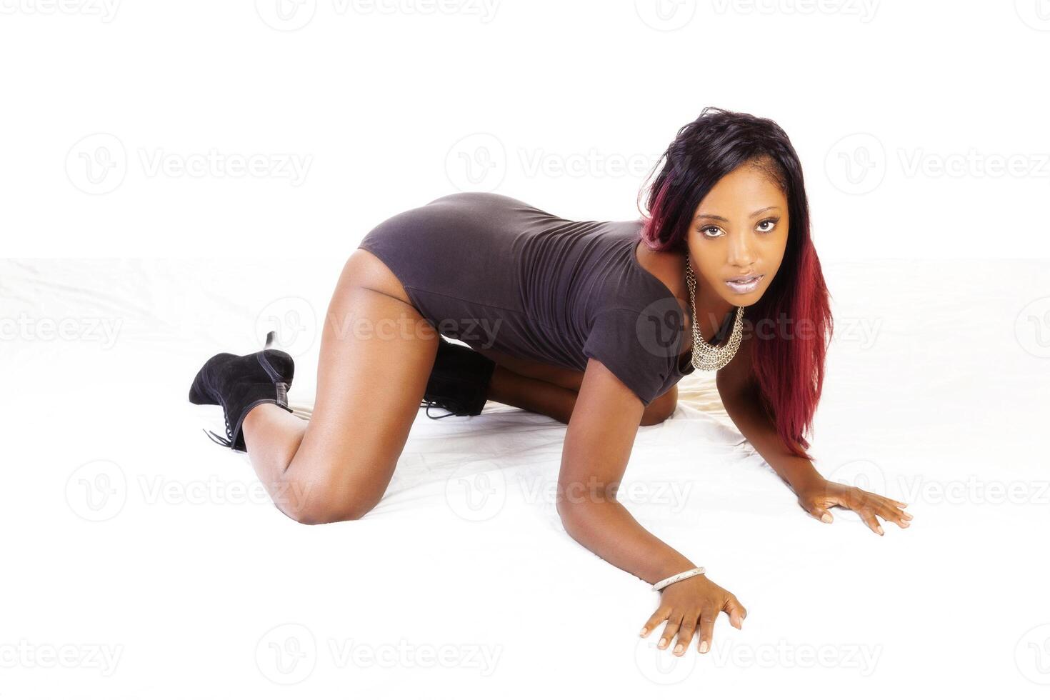 Attractive Young African American Woman Hands And Knees photo