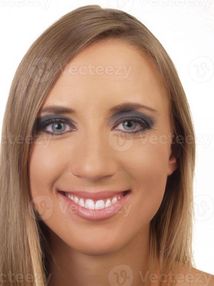 Tight Indoor Portrait Caucasian Woman Smiling On White photo