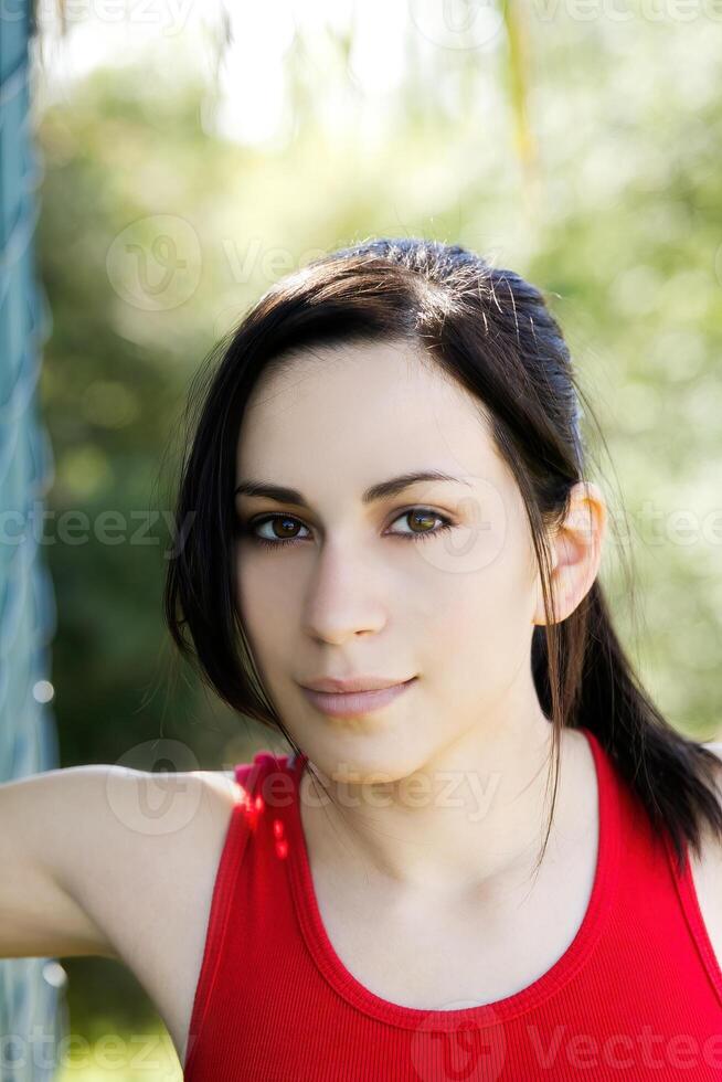 Outdoor Portrait Teen Hispanic Woman Red Top photo