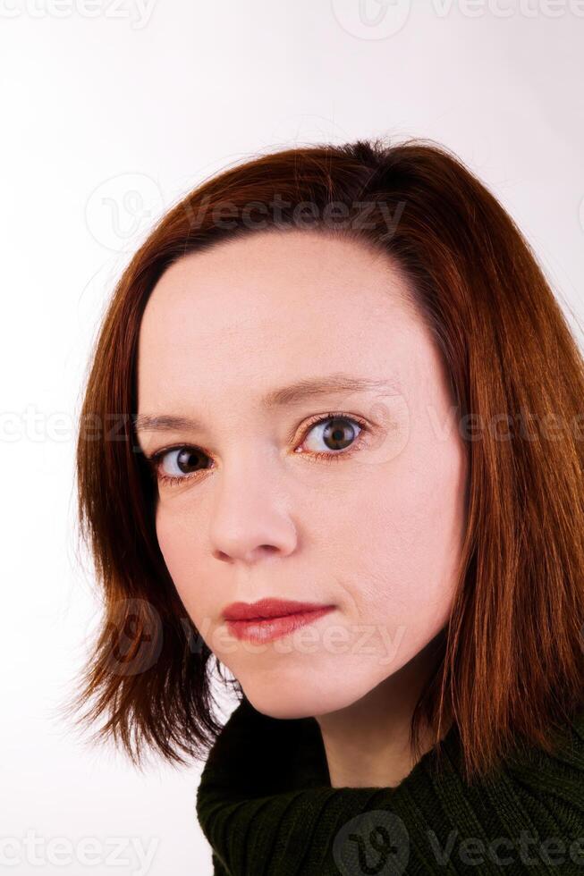 Portrait Red Hair Caucasian Woman On White Background photo