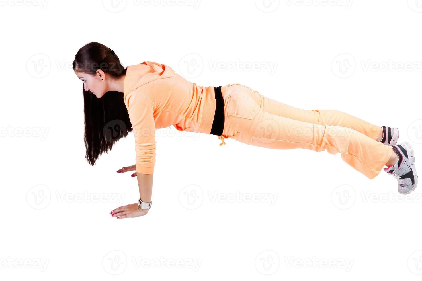 Young Caucasian Teen Woman In Push-up Position On White photo