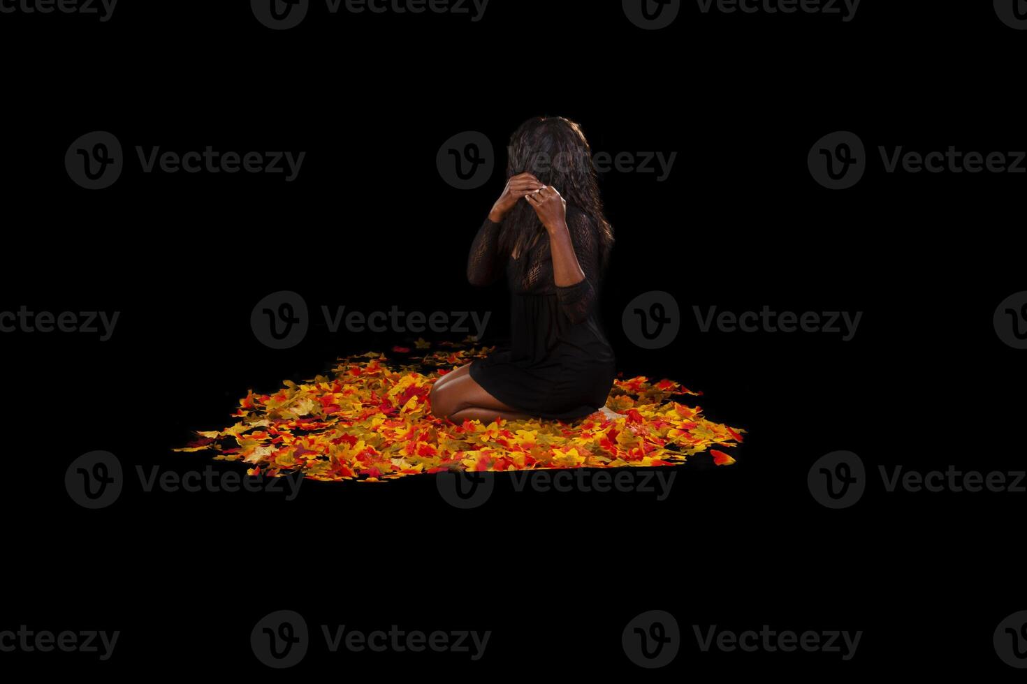 African American Woman Sitting Autumn Leaves Lingerie photo