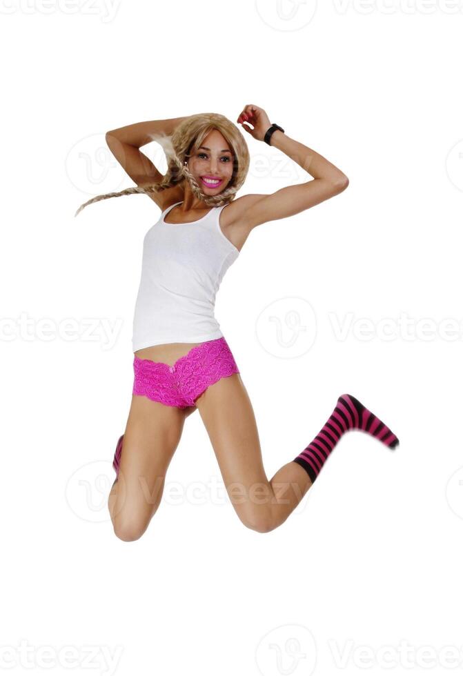 Light Skinned African American Woman Jumping Underwear photo