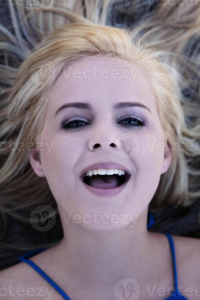 Open Mouth Portrait Outdoors Blond Caucasian Woman photo