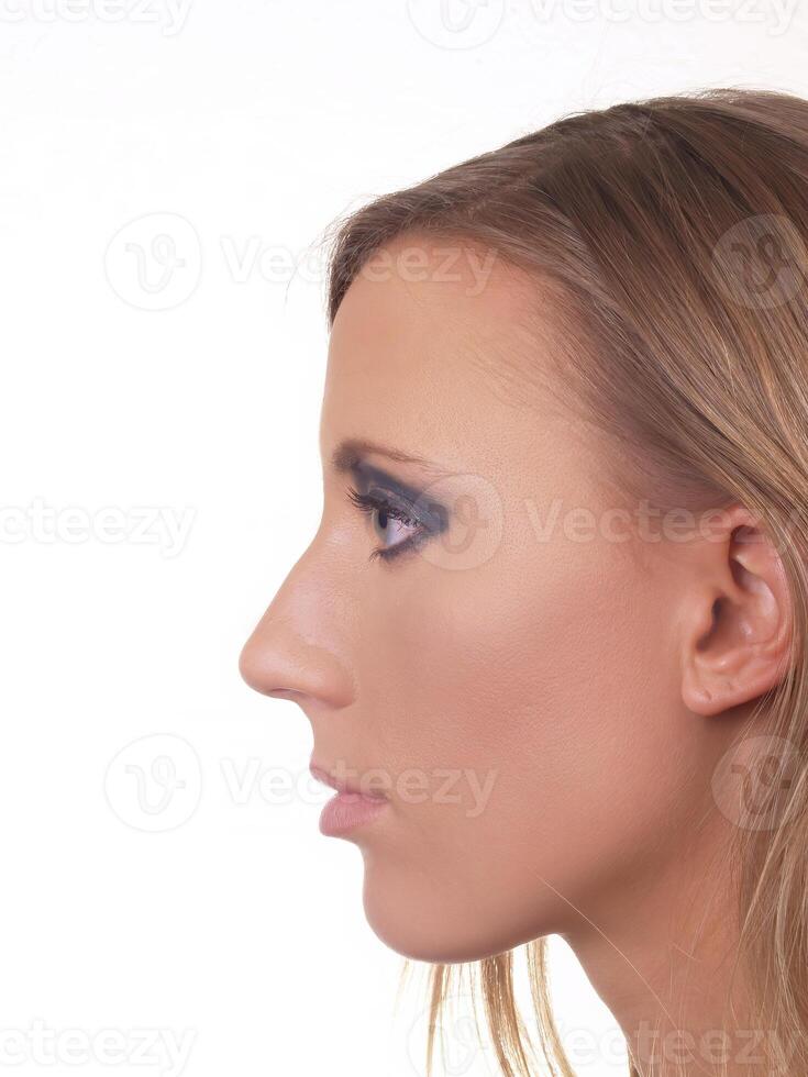 Profile Young Caucasian Woman On White Background photo