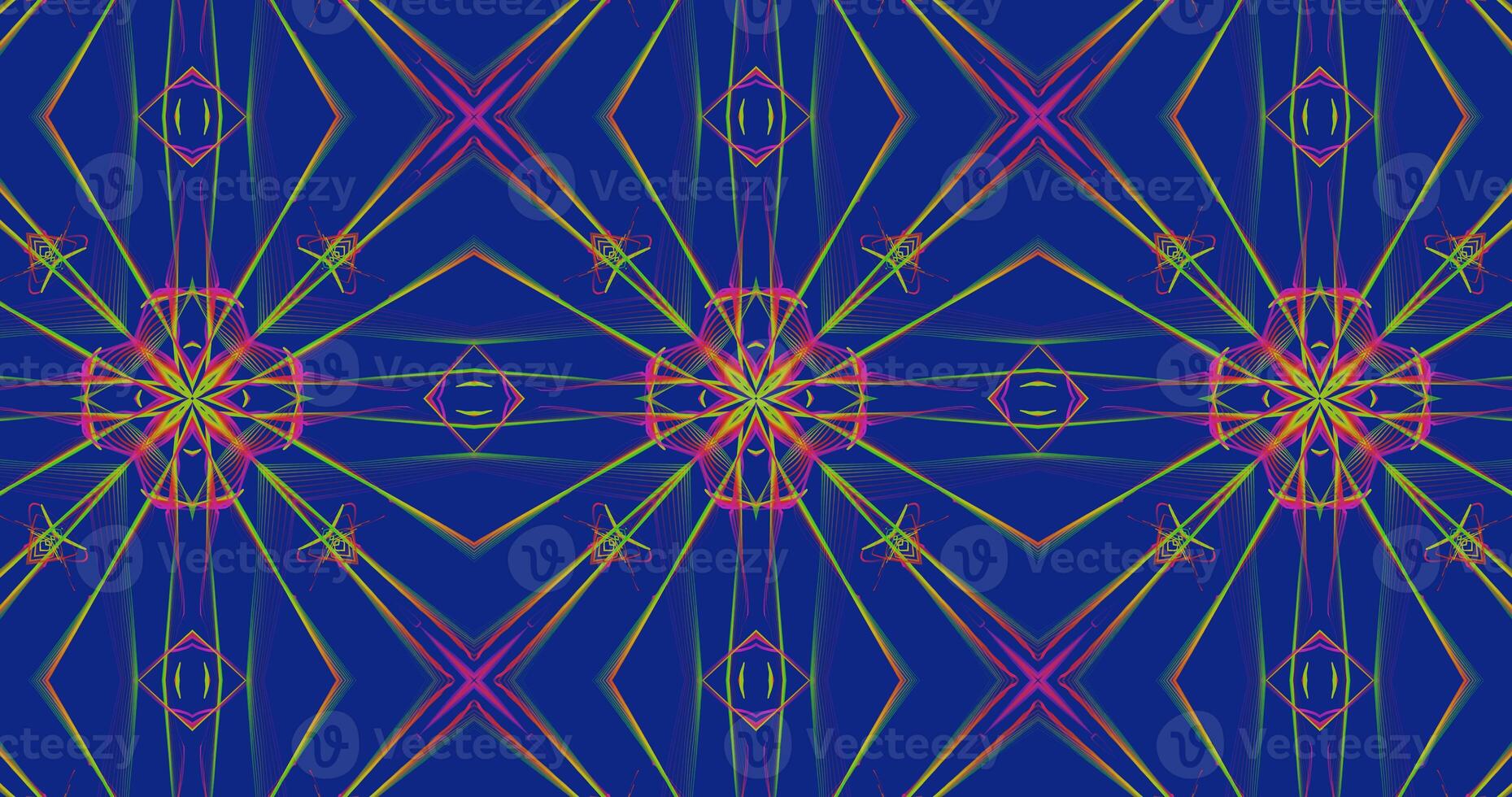 Abstract Kaleidoscope Patterns On Blue Background In Purple Green Yellow Lines photo