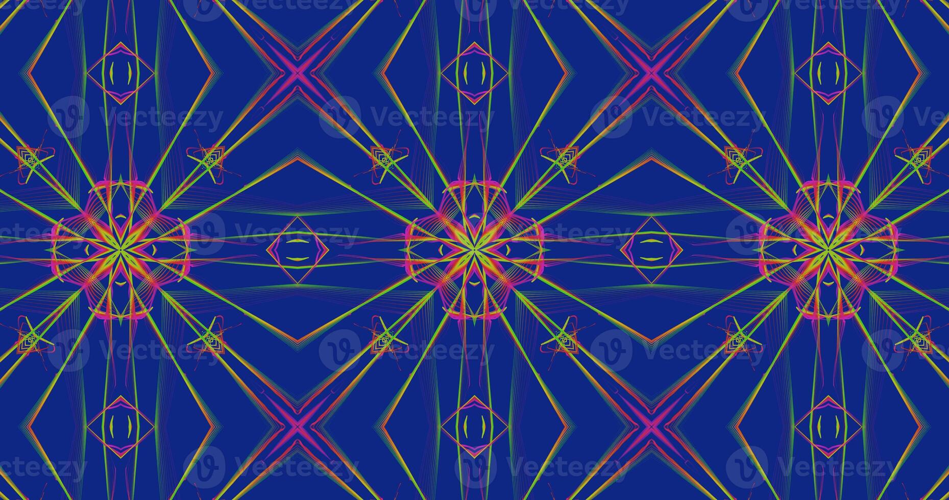 Abstract Kaleidoscope Patterns On Blue Background In Purple Green Yellow Lines photo