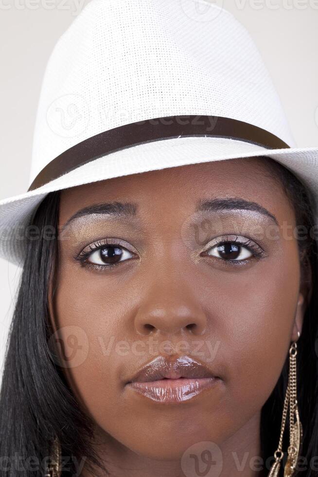 Tight Head Shot Young Black Woman Hat photo