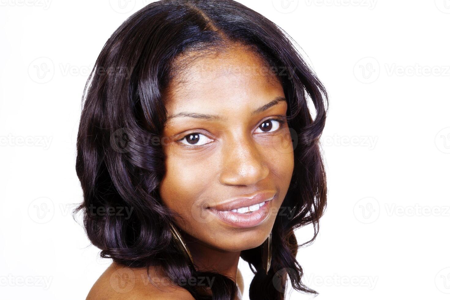 Portrait Young Black Woman On White Background photo