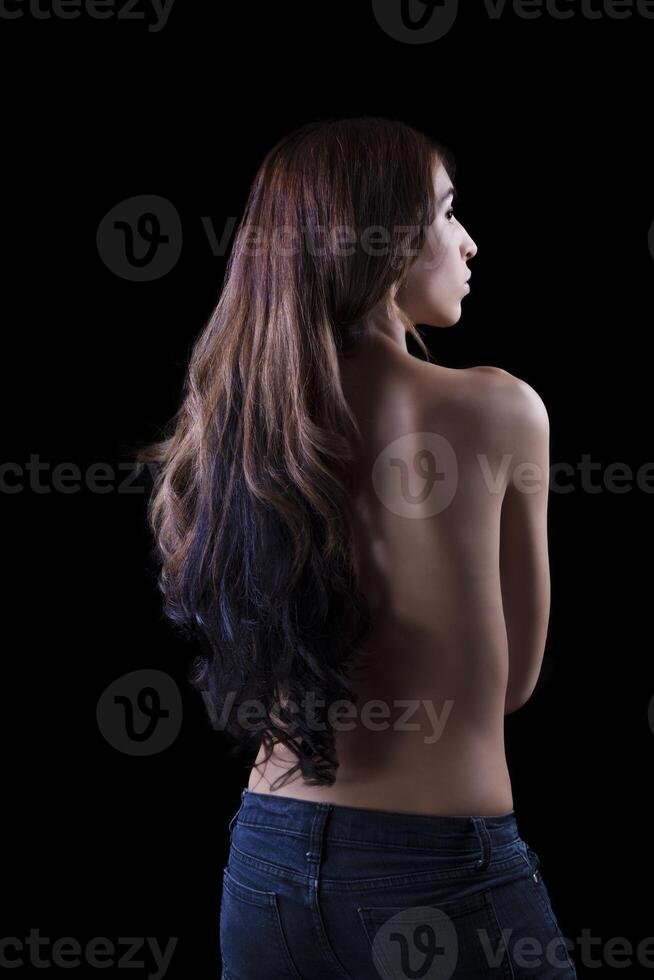 Young Skinny Hispanic Woman Bare Back Jeans photo