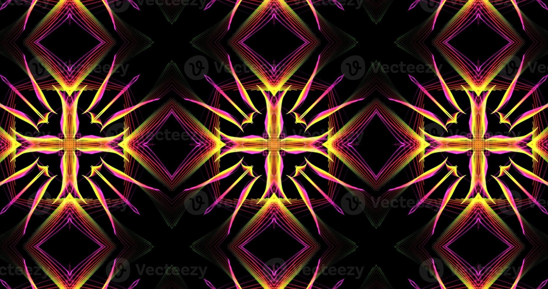 Abstract Kaleidoscope Patterns On Dark Background In Purple Orange Yellow Lines photo