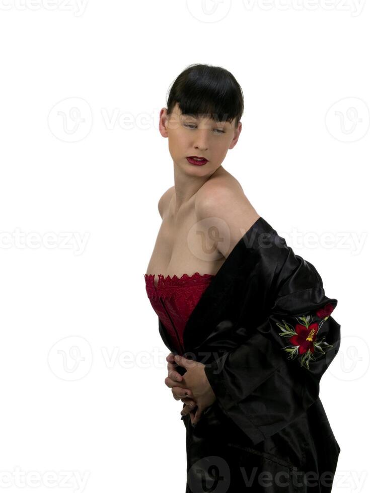 Woman in Red Corset and Black Robe photo