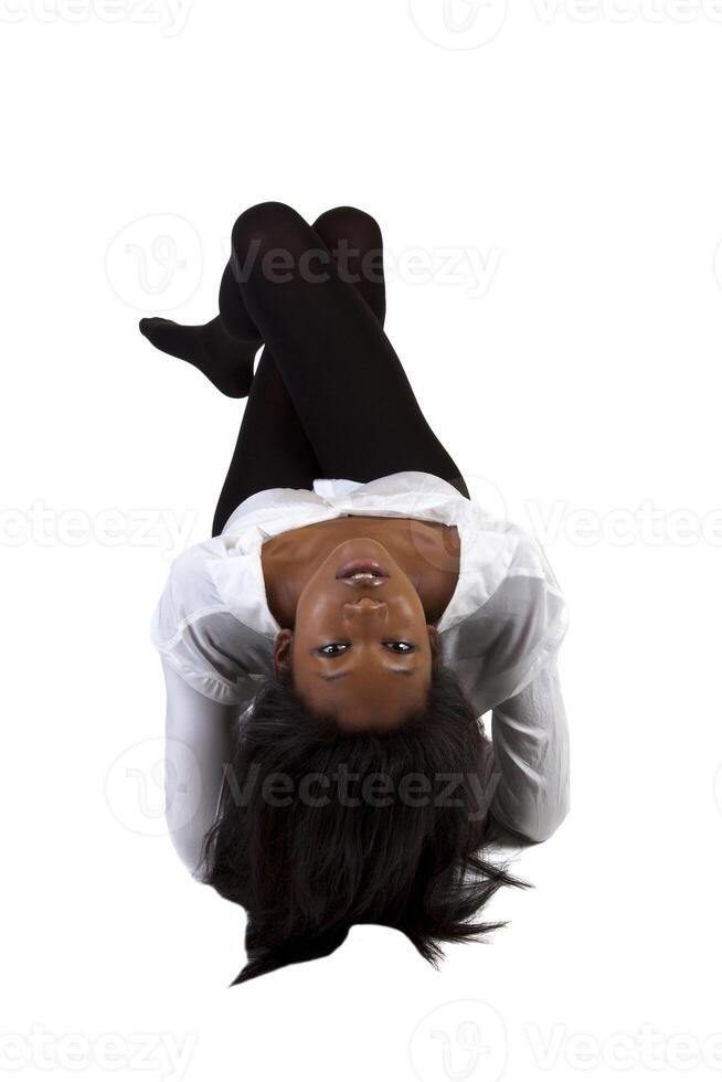 Young African American Woman Reclining Stockings Shirt photo