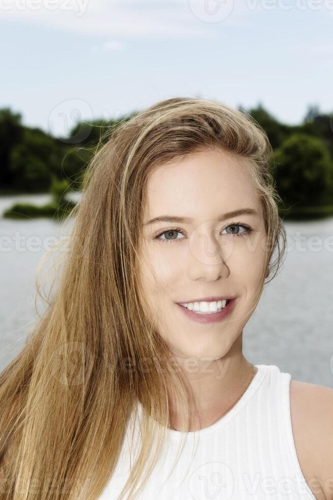 Outdoors Portrait Attractive Caucasian Teen Girl Smiling photo