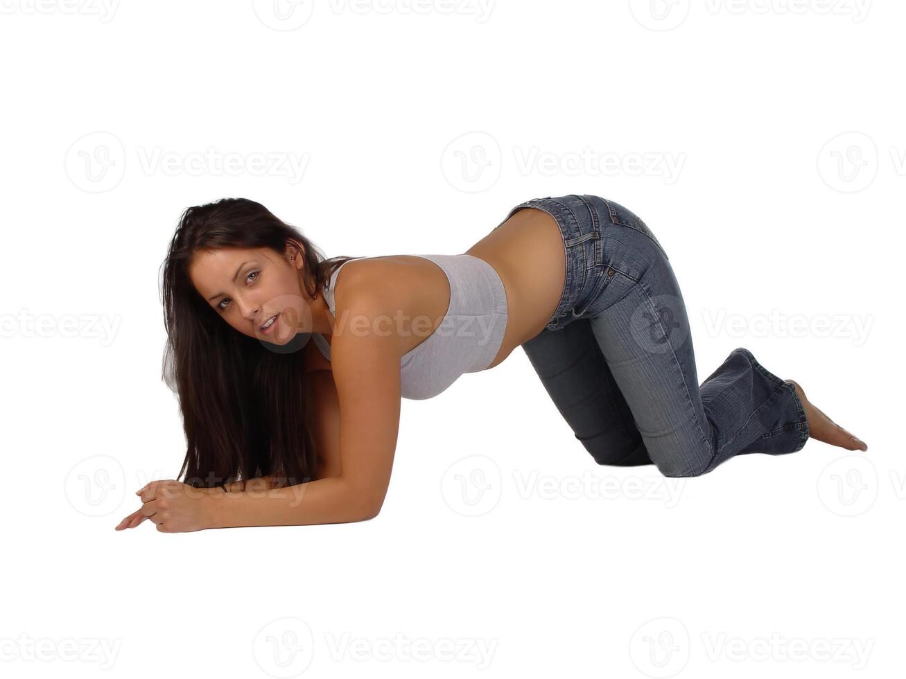 Caucasian Young Woman Jeans and Sports Bra photo