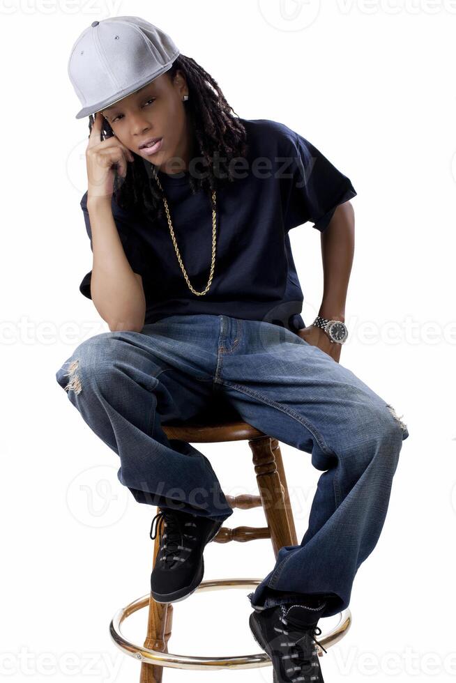 Young Black Woman Baseball Cap Shirt Jeans photo