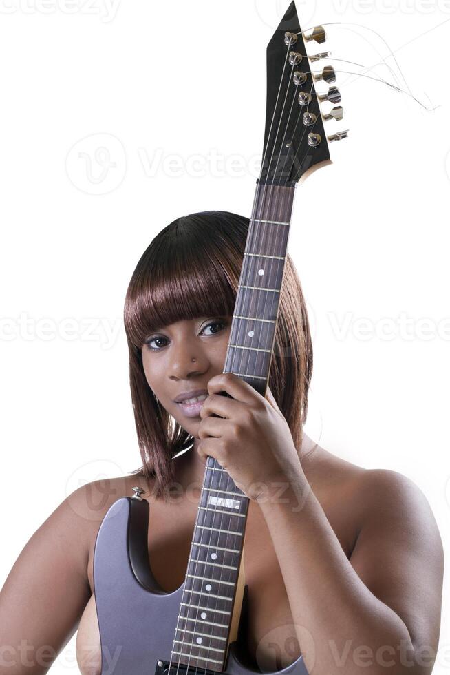 Young African American Woman topless holding guitar photo