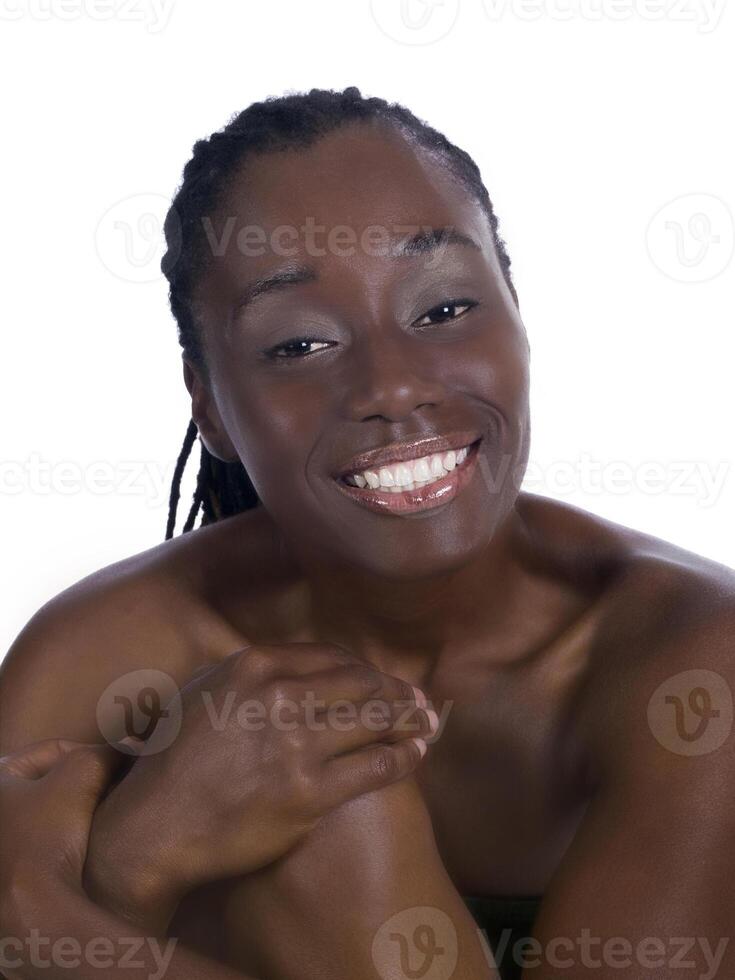 Smiling portrait young black woman bare shoulder photo