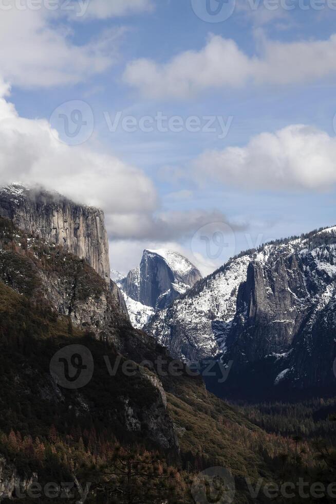 Distant View Halfdome And Valley Blue Sky Clouds Snow photo