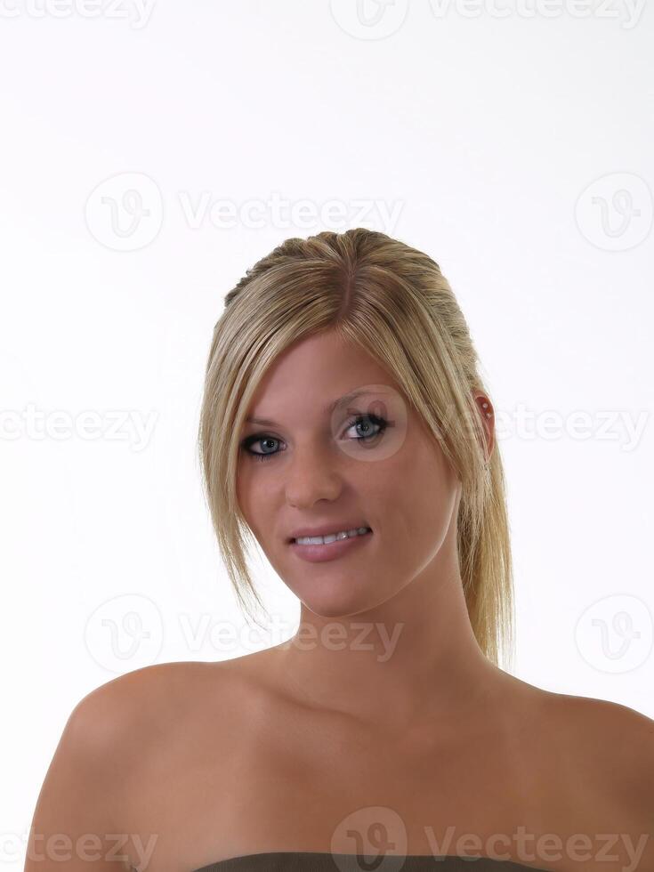 Bare Shoulder Portrait Caucasian Blond Woman On White photo