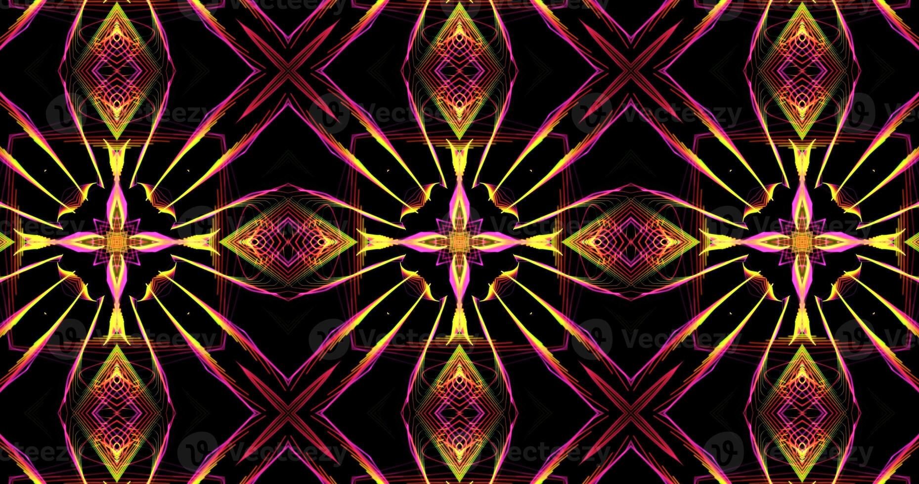 Abstract Kaleidoscope Patterns On Dark Background In Purple Orange Yellow Lines photo