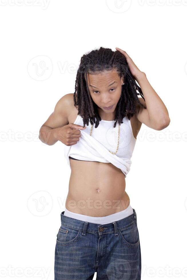 Young Black Woman Holding Up Tee Shirt photo