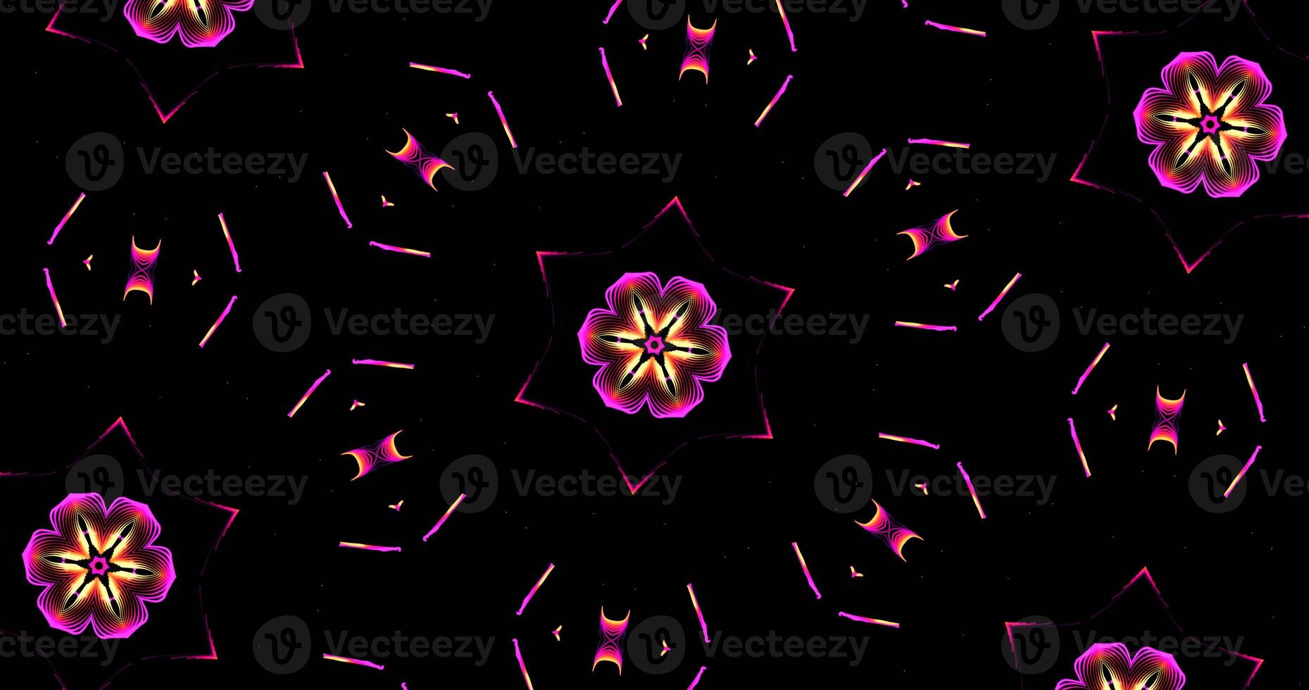 Abstract Kaleidoscope Patterns On Dark Background In Purple Yellow Lines photo