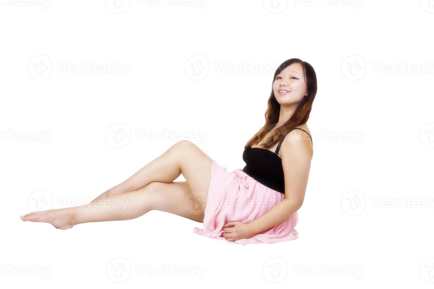 Young Asian American Woman Sitting Dress Smiling photo