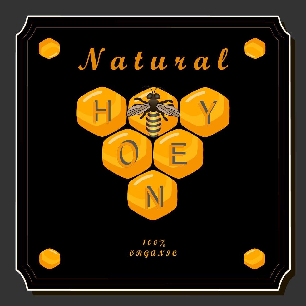 Illustration on theme for label of sugary flowing down honey in honeycomb with bee vector