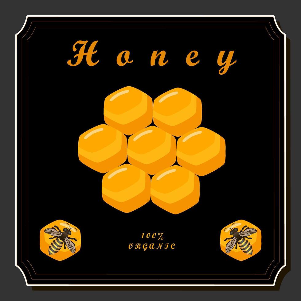 Illustration on theme for label of sugary flowing down honey in honeycomb with bee vector