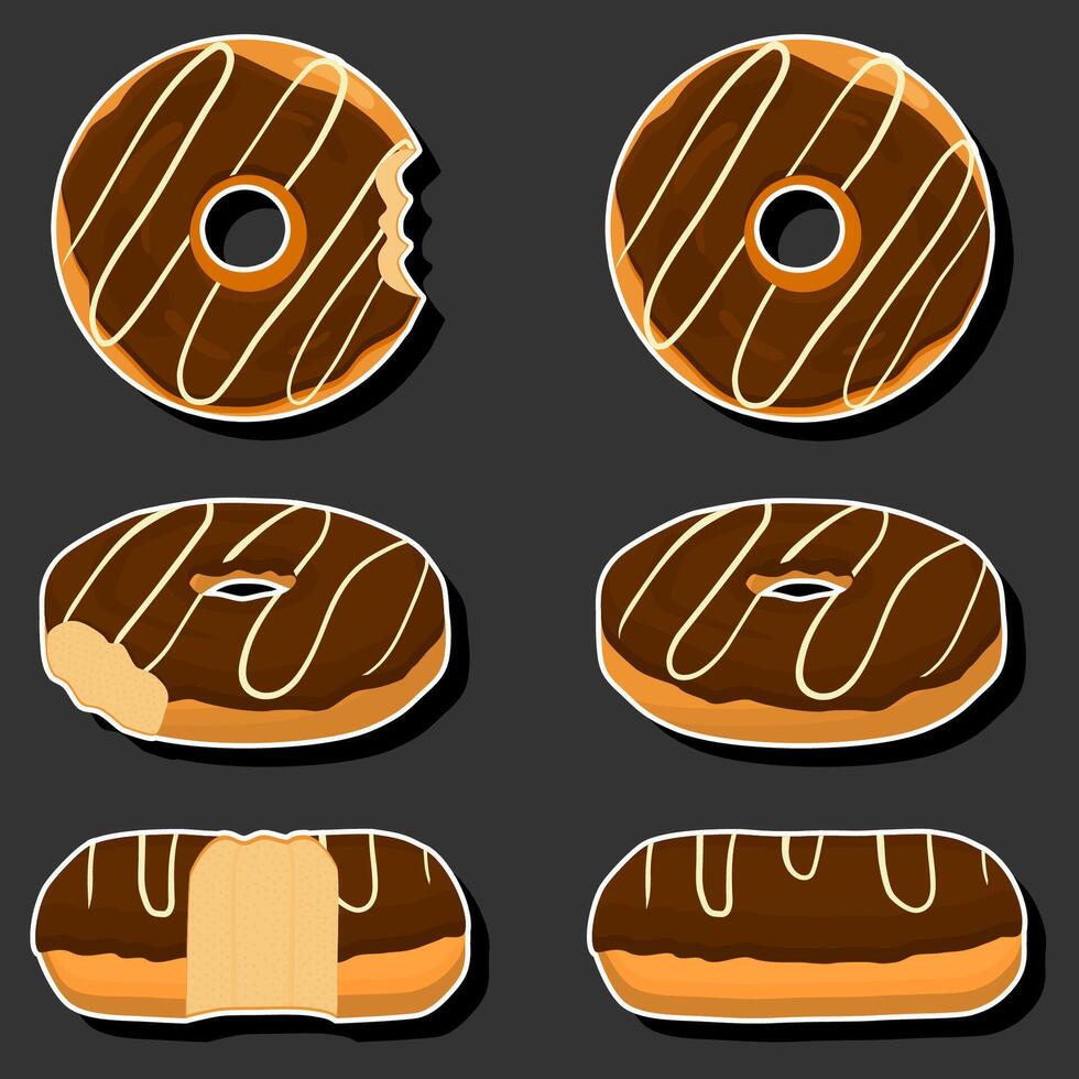 Illustration on theme big set different types sticky donuts, sweet doughnuts various size vector