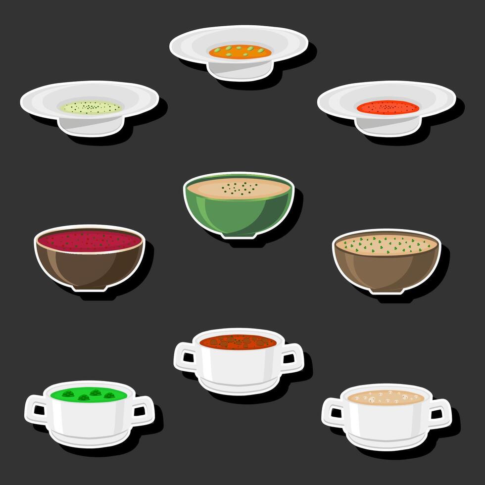 Illustration on theme big set various types beautiful tasty edible hot homemade soups vector