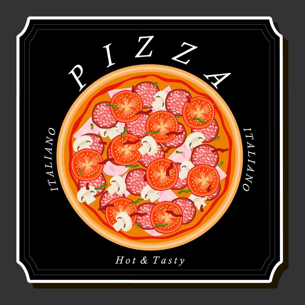 ilustración en tema grande caliente sabroso Pizza a pizzería menú vector