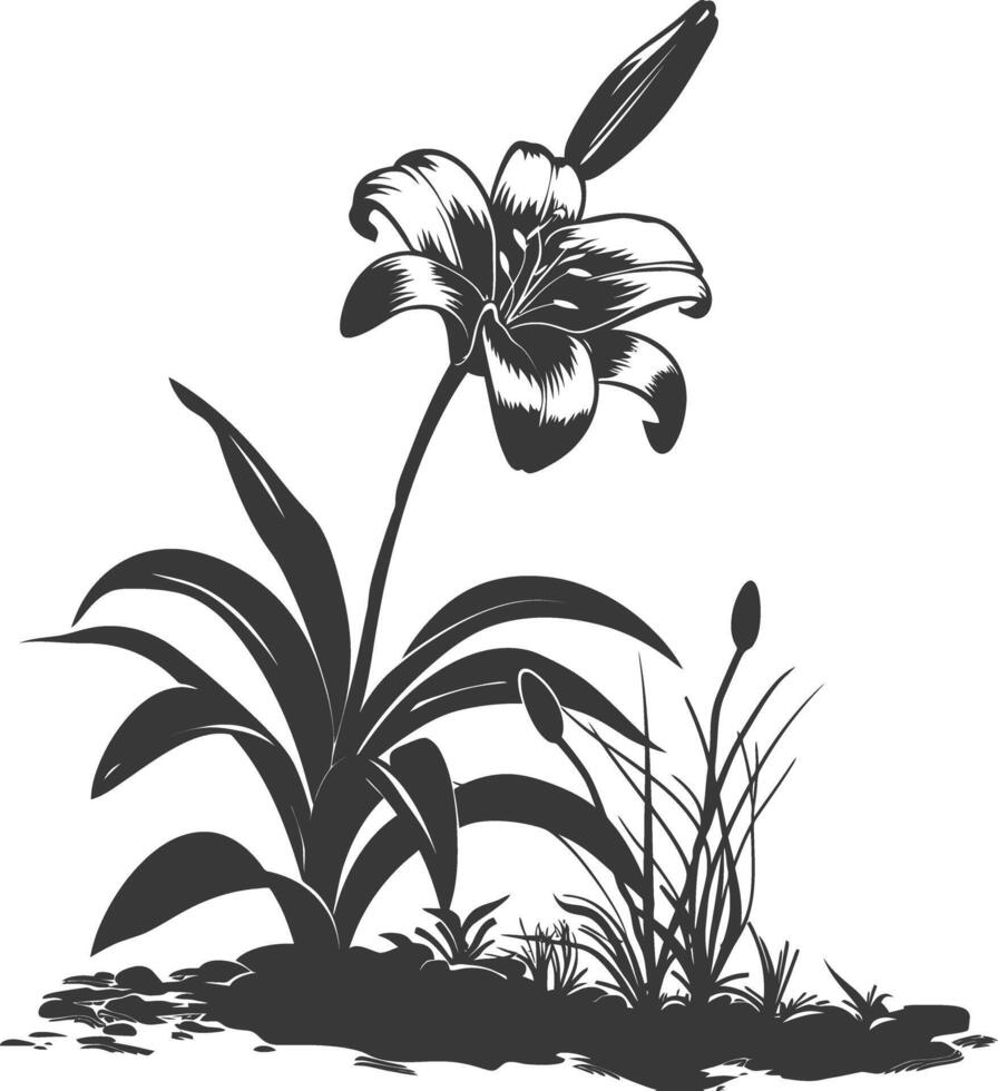 AI generated Silhouette Lily flower in the ground black color only vector