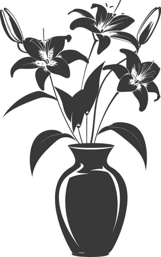 AI generated Silhouette Lily flower in the vase black color only vector