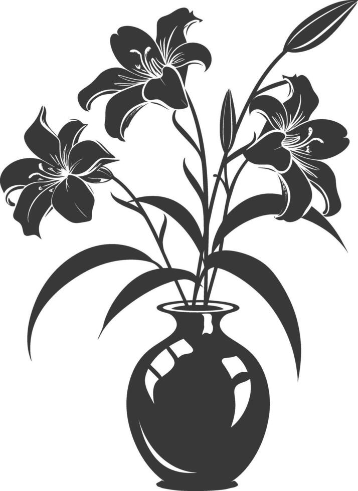 AI generated Silhouette Lily flower in the vase black color only vector