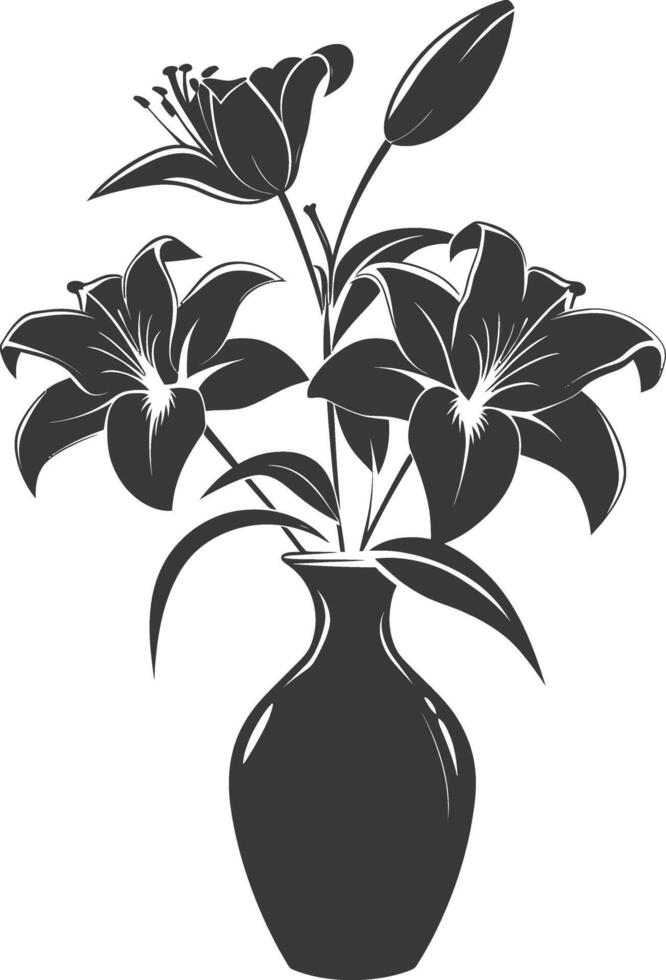 AI generated Silhouette Lily flower in the vase black color only vector