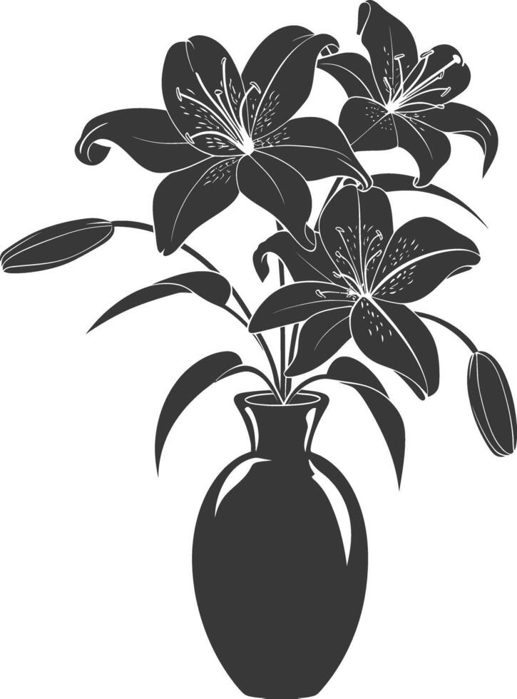 AI generated Silhouette Lily flower in the vase black color only vector