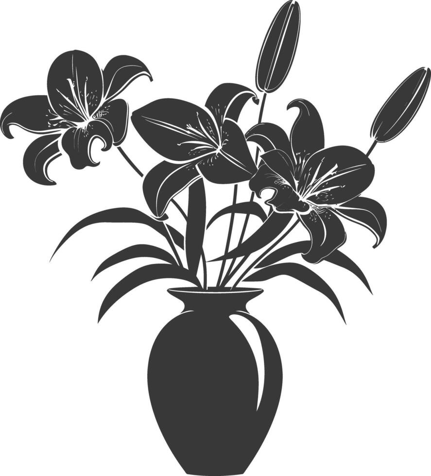AI generated Silhouette Lily flower in the vase black color only vector