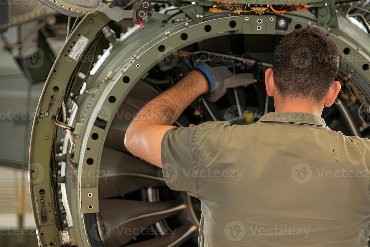 AI generated view from the back of aircraft maintenance technician working on turbine photo