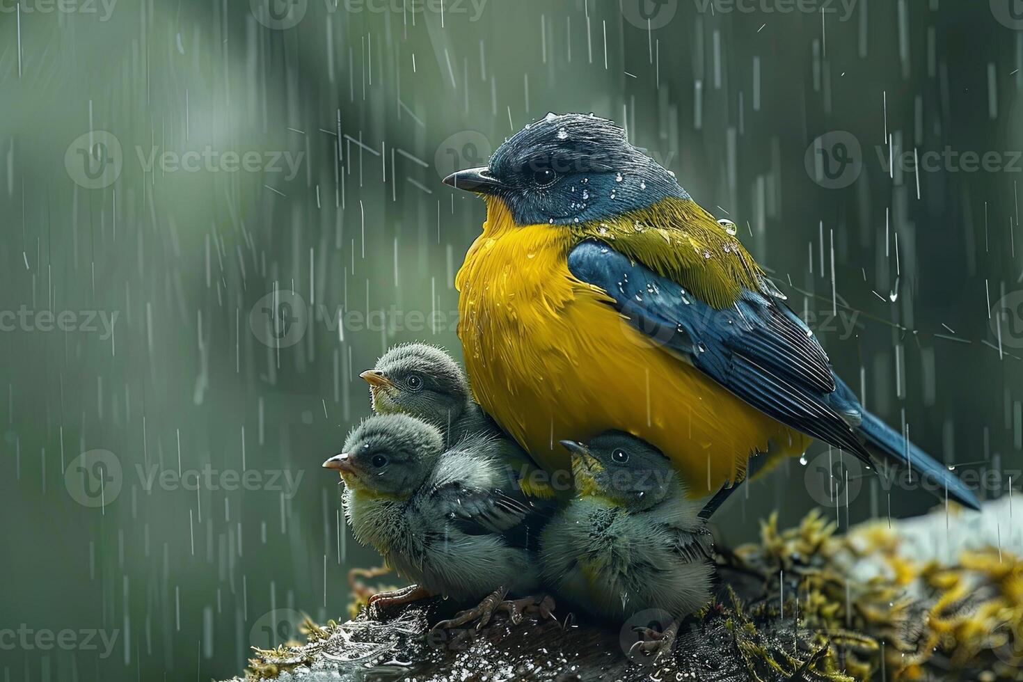 AI generated colorful bird mother and sons under the rain photo