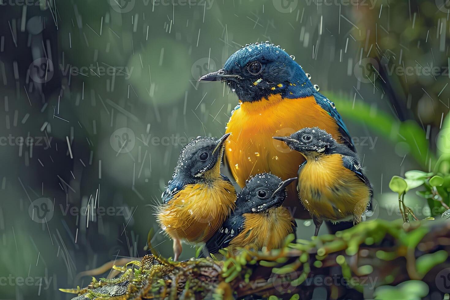 AI generated colorful bird mother and sons under the rain photo